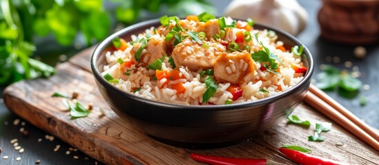 Delicious bowl of rice topped with assorted fresh vegetables and succulent chops