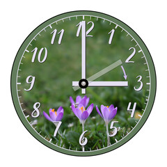 The clock shows the hand moving forward from 2 a.m. in winter to 3 a.m. in spring. Daylight saving time. The transition of time, the change of time, the shift to summer time. Isolated on white.