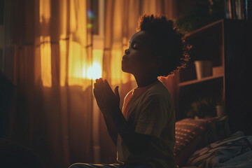 african american boy prays to god in dark children room. cinematic effect