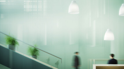 Wall Mural - light blurred green background eco business center, office building inside interior, silhouettes of people blurred in motion