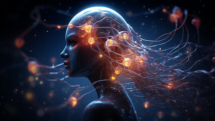 the image of man and artificial intelligence technology, neural connections on a black background, the development of new technologies, abstract futuristic fictional graphics