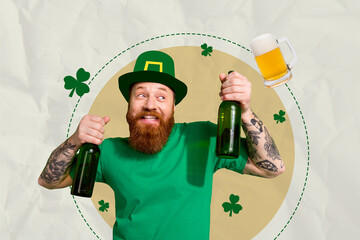 Collage photo banner of smiling cheerful bearded irish man hold two bottles fresh beer celebrate saint patrick holiday festival