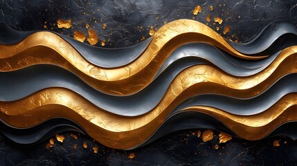 Wall Mural - Abstract gold black acrylic painted fluted 3d painting texture luxury background banner on canvas - Golden waves swirls