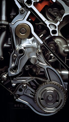 Wall Mural - vertical background timing belt, metal parts of the gear of the car engine inside, service inspection