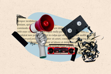 Sticker - Collage picture of black white colors arm hold loudspeaker toa boombox video tape cassette piece book page isolated on beige background