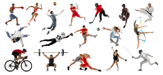 Team and individual kinds of sport. Collage made of portraits different sportsman training in motion against white studio background. Concept of sport, active lifestyle, achievements, challenges.