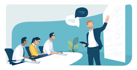 Wall Mural - Education, presentation meeting. The business team listens to the teacher, leader. Vector illustration.