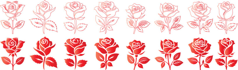 Wall Mural - Red Rose Vector, Line Art Set, Floral Design, Hand Drawn Illustration of roses, Romantic, Love Symbol, Valentines Day, Wedding, Detailed, Isolated, White Background, High Quality, Scalable, Editable
