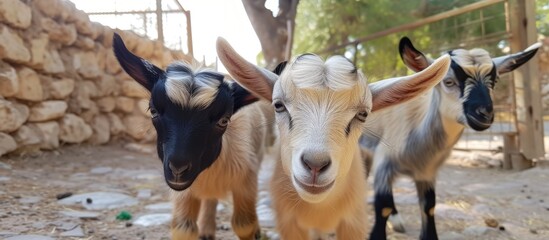 Sticker - A group of goats, including adorable and amusing baby goats, standing next to each other at Antalya farm. The goats are all looking in different directions, some munching on grass while others seem to