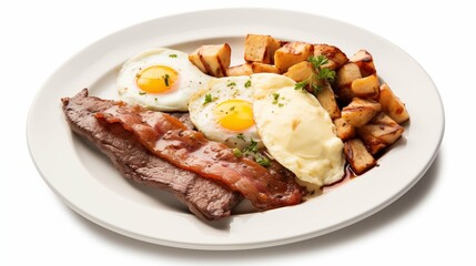 Wall Mural - Side of home fries and steak sauce, double smoked bacon, mozzarella cheese, and poached egg,on a white round plate, on a white background, top view