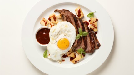 Wall Mural - Side of home fries paired with steak sauce, double-smoked bacon, mozzarella cheese, and a poached egg, arranged on a white round plate set against a white background, captured from a top perspective