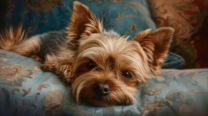 Wall Mural - a heartwarming hyperrealistic scene featuring a senior Yorkshire Terrier in a serene moment.