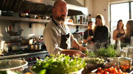 Wall Mural - A group of Chefs prepare dishes with fresh herbs in the modern kitchen