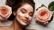 Gorgeous young woman with skin care pink clay mask on her face,  for softening and soothing sensitive and weakened skin. It gently exfoliates the skin of the face.
