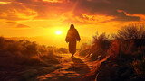 Fototapeta Natura - silhouette of Jesus walking into the sunset, generative AI