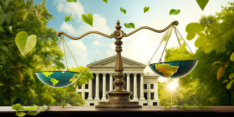 environment law, environmental justice, ecology eco green sustainable global business rule regulation legalization, scales of justice with world earth globe symbol in front of court house building