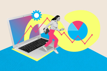 Wall Mural - Photo collage illustration of young data analytic in financial department woman running and count costs isolated on beige background