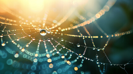 A spider web with dewdrops against the sunrise background
