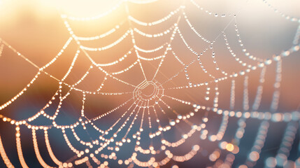 A spider web with dewdrops against the sunrise background