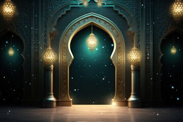 Wall Mural - Ramadan Background mosque window with arabic arabesque ornamental pattern. Greeting card or wallpaper background. Generative AI