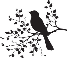 black silhouette bird on the tree branch white background