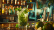Refreshing mojito cocktail with lime, mint, and citrus slice,mojito cocktail with lime and mint in a glass on a table in a cafe,Glass of mojito with lime slice on the rim of the glass,
