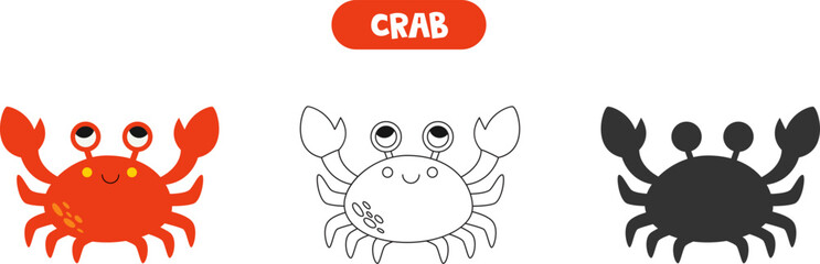 Canvas Print - Colorful picture, black and white illustration, vector silhouette. Cute red crab.