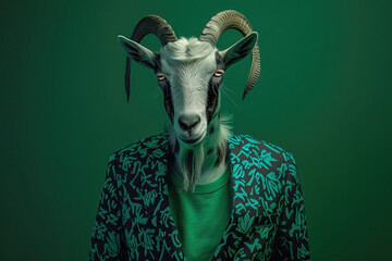 Stylish goat in neon green digital pattern suit on dark green studio background