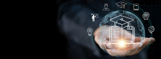 Wall Mural - human with technology internet learning and study online class webinar technology, e-learning, onlin