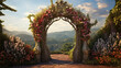 an ancient Greek antique arch braided with flowers against a background of mountains and a blue sky. Travel concept