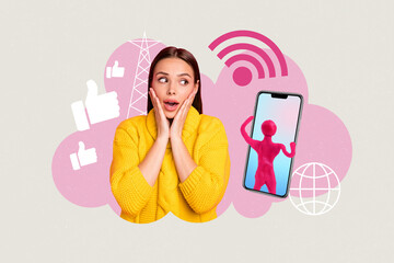 Wall Mural - Composite 3d photo graphics collage of surprised young girl reactions likes new post audience subscribers screen plasticine figure isolated on painted background