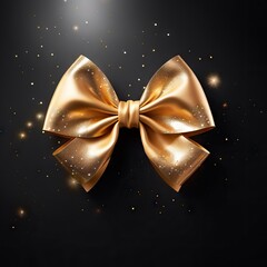 Wall Mural - Decorative golden bow isolated on black background. Shiny gold satin ribbon. Wrapping element for Christmas gift, Valentine's, Father's and Women's day, birthday and party. Black friday