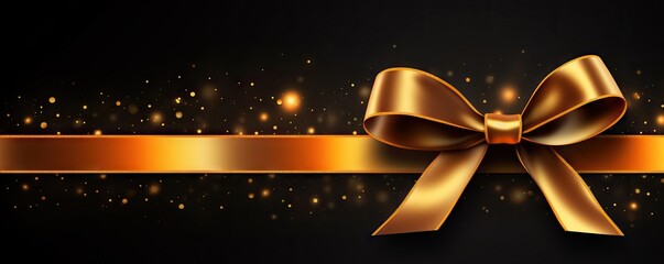 Wall Mural - Decorative golden bow isolated on black background. Shiny gold satin ribbon. Wrapping element for Christmas gift, Valentine's, Father's and Women's day, birthday and party. Black friday