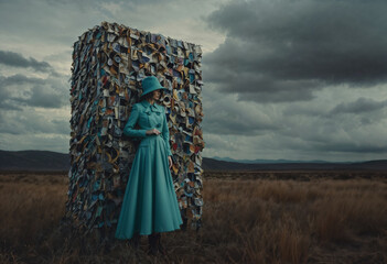 Canvas Print - Fashion portrait of a young woman in fantasy dress in surreal dark outdoor settings