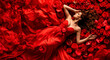 Sensual Elegance: A Captivating Image of a Woman in a Red Dress, Lying Over Red Flowers, Evoking Passion and Desire. Perfect Copy Space for Love, Perfume, and Beauty Products.




