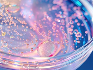 Close up macro abstract photo of pink bright pandemic viruses or bacterial growth in Petri dish as medical science and biotechnology background