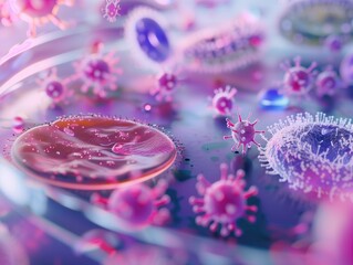 Close up macro abstract photo of pink bright pandemic viruses or bacterial growth in Petri dish as medical science and biotechnology background