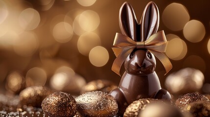 Sticker - a chocolate Easter bunny with a golden bow around its neck. Scattered around the main chocolate bunny 