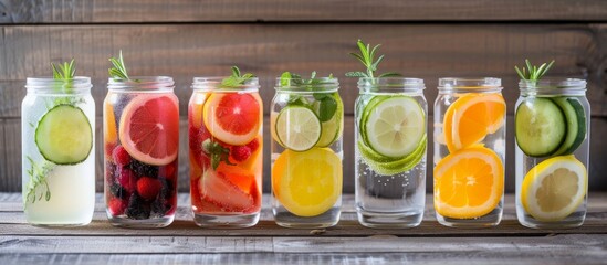 Wall Mural - A colorful assortment of fresh fruit in glasses arranged in a row on a table