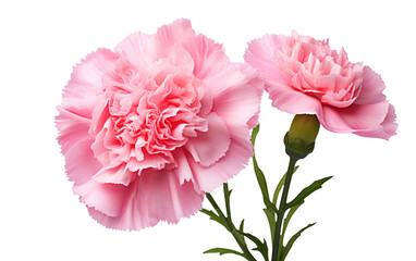 Two Pink Carnations. Two pink carnations rest side by side. The delicate flowers showcase their vibrant pink petals, contrasting beautifully. on a White or Clear Surface PNG Transparent Background.