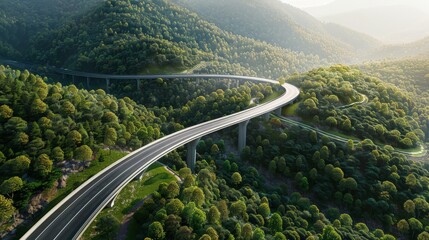 Canvas Print - Aerial view of a road in the middle of the forest , road curve construction up to mountain