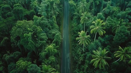 Canvas Print - Aerial view road in the middle forest, Top view road going through green forest adventure, Ecosystem ecology healthy environment road trip travel.