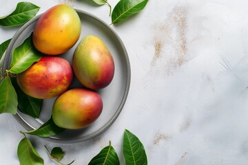 Wall Mural - Fresh peaches in a white bowl on a marble table.