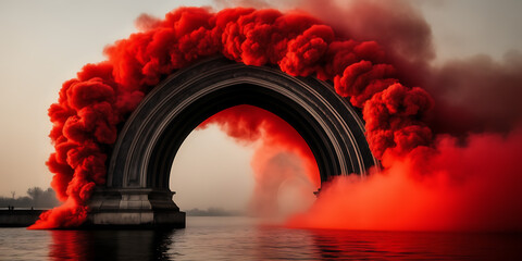 Wall Mural - Photograph capturing the graceful arch of vermilion smoke against a canvas of charcoal black.