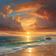 the sun sets on the red sky sea beach