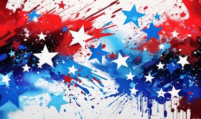 Watercolor splashes in red and blue colors with stars. USA national holiday concept background.