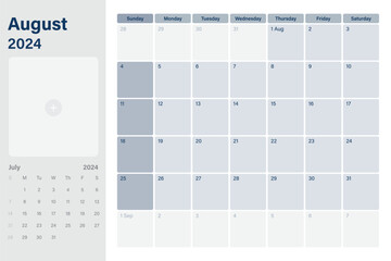 Wall Mural - august 2024 calendar desk planner with space for your picture, weeks start on sunday, simple white a