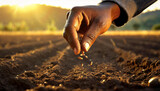 Fototapeta  - A farmer's hand sows seeds in a plowed field. Concept of new technology in agriculture