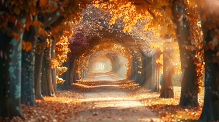 Wall Mural - Beautiful romantic alley in a park with colorful trees and sunlight. autumn natural background