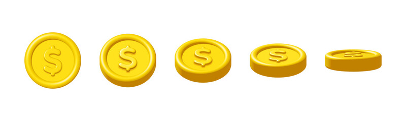 Wall Mural - 3d gold dollar coins rotate isolated on white background. Design element illustration PNG.